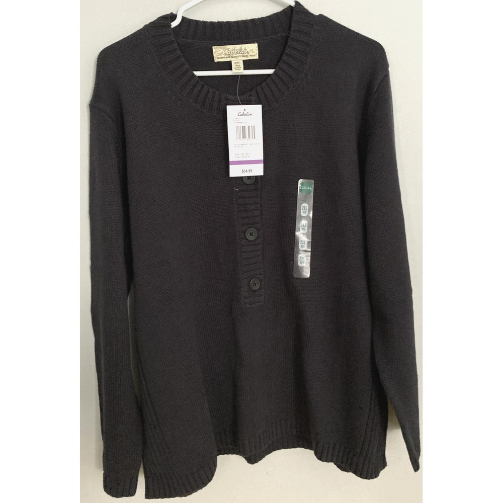 Cabelas Sweater Women 2XL Black 100% Cotton Henley Knit Long Sleeve Pullover NWT